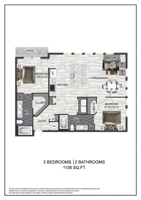 A floor plan of a residential property with two bedrooms and two bathrooms.